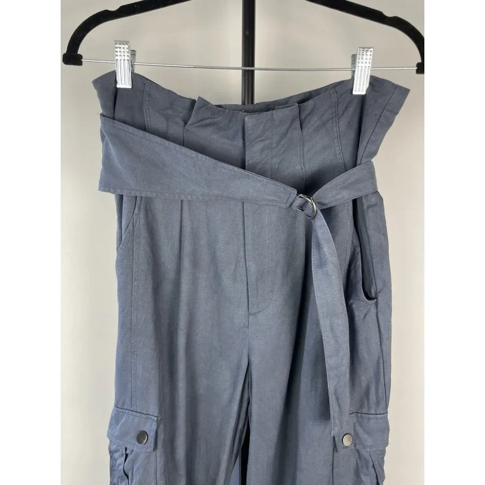 Zara Womans Tapered Cargo Pants High Rise Paperbag Sz S Blue Gray Linen‎ Blend